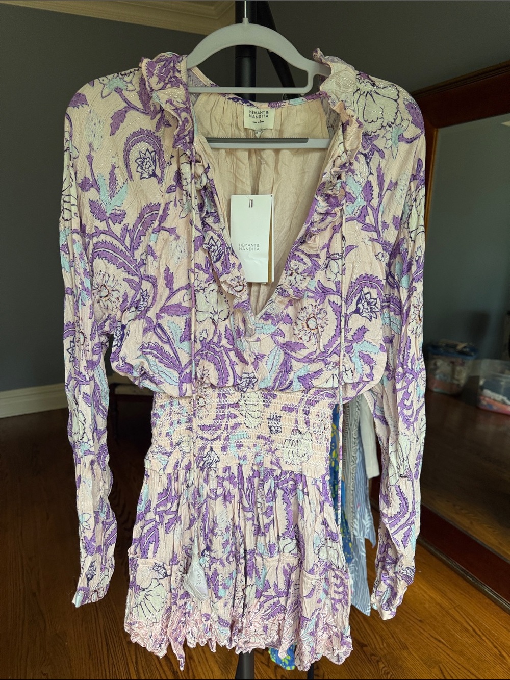 HEMANT & NANDITA Lavender and Cream Floral Long-Sleeve Smocked Dress